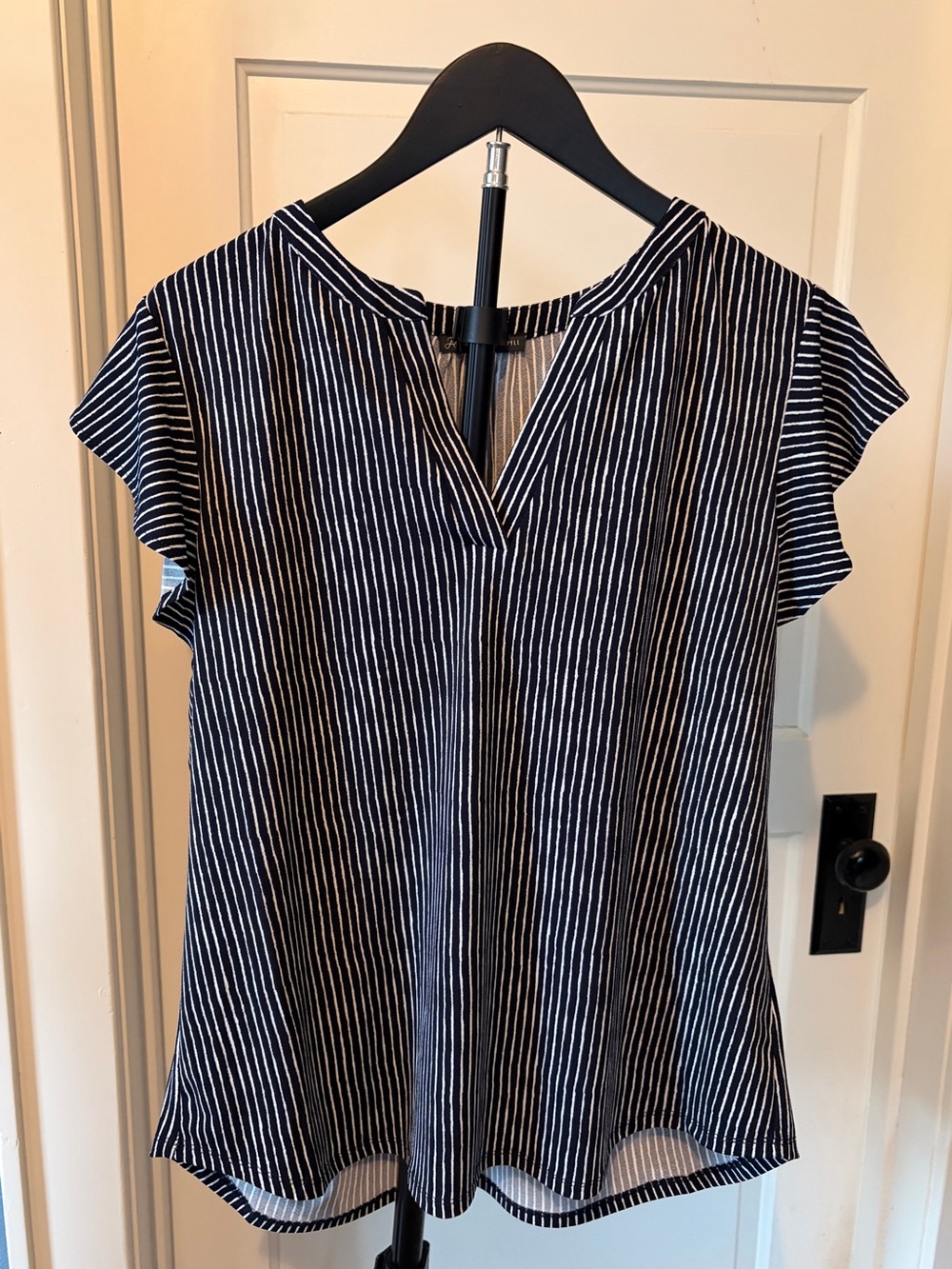 Adrianna Papell Navy and White Striped V-Neck Flutter Sleeve Blouse